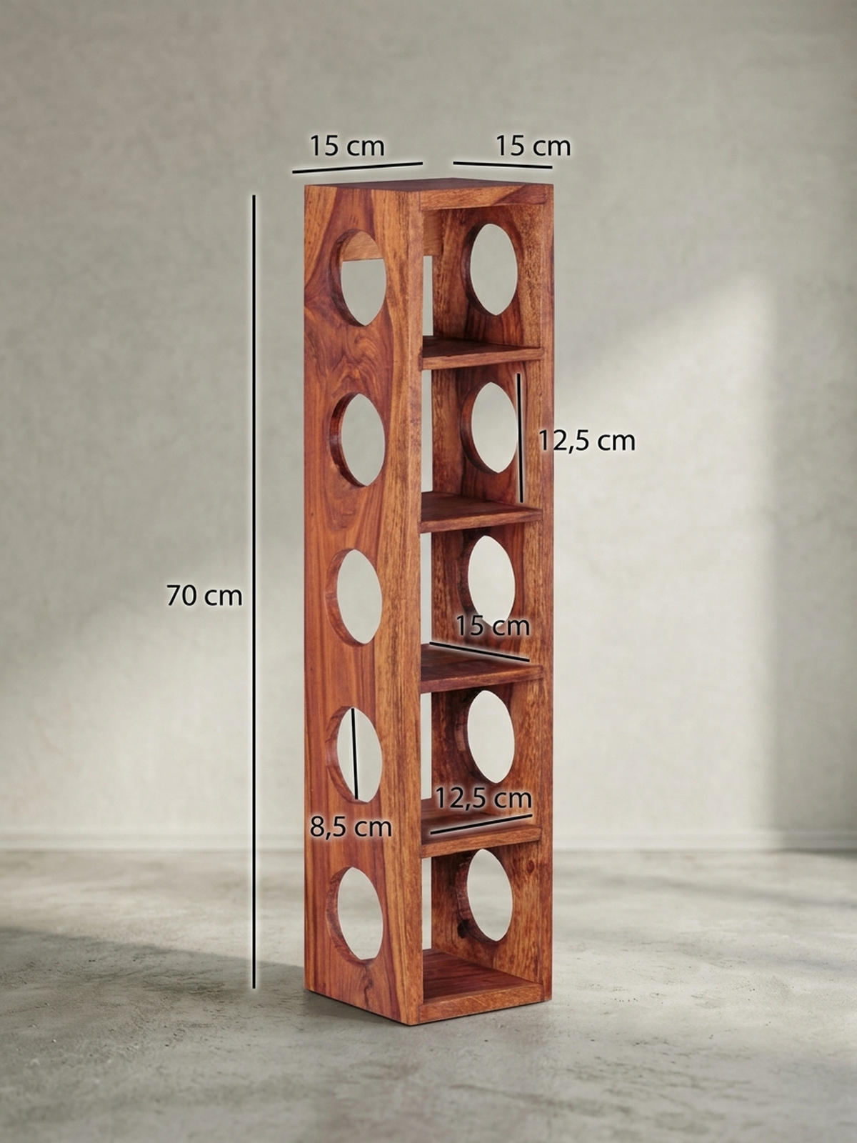 WEINREGAL Massivholz mit 5 Fächern Wandmontage Edelholz-Optik, Braun 15x15x70 cm - Braun, Holz (15/70/15cm) - KADIMA DESIGN