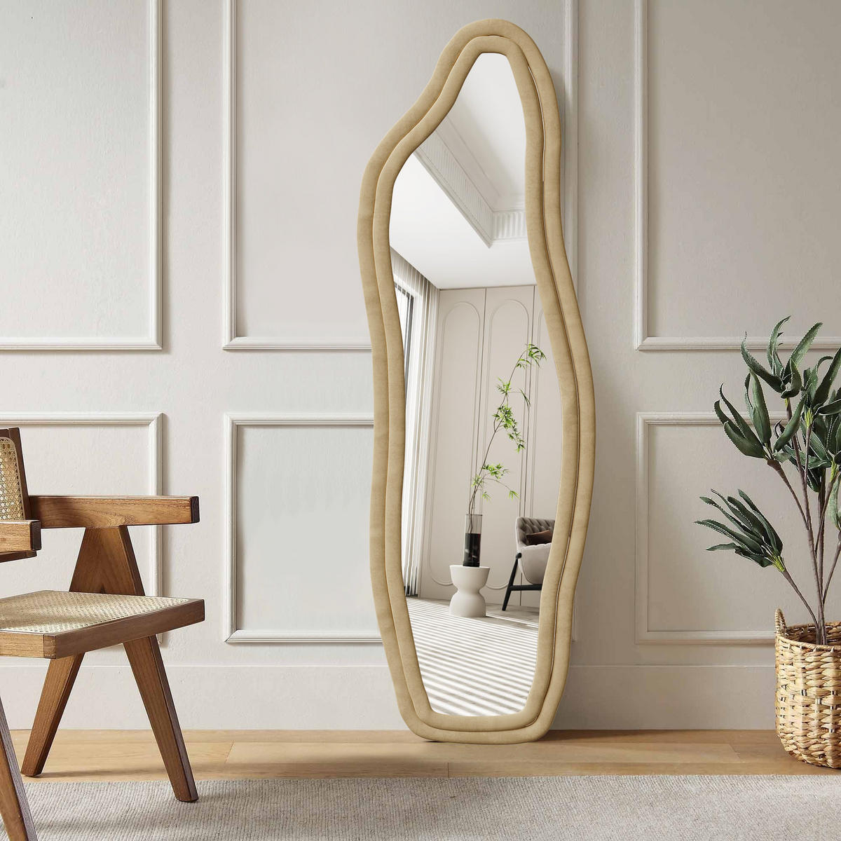 STANDSPIEGEL Ganzkörperspiegel,160 x 50 cm Spiegel in unregelmäßiger Form, Delfin-Spiegel, Samtrahmen, gelb - Gelb, Glas (50/160/3cm) - WoodenAura