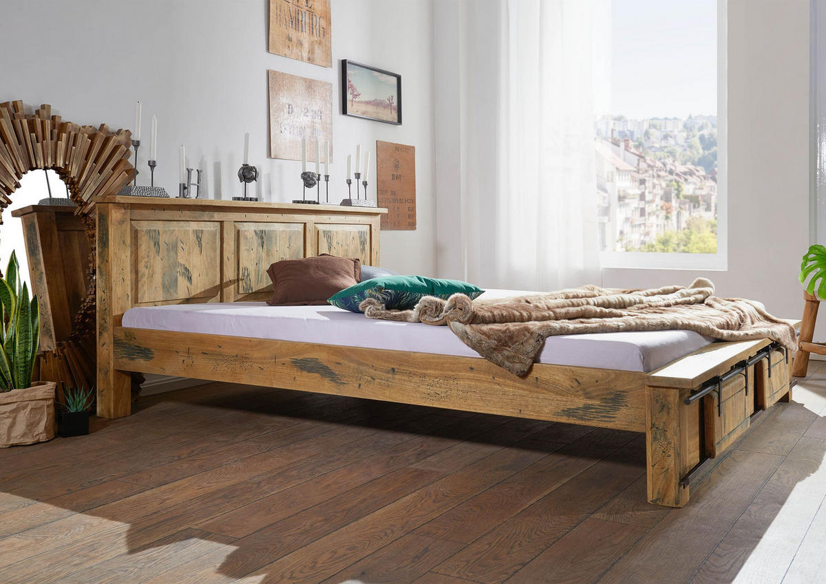BETT Massivholz Mango 180 x 200 x 85 natur RAILWAY #142 - Naturfarben, Holz (180/200cm) - Massivmoebel24