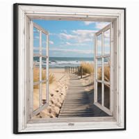 LEINWAND Bilder mit Rahmen - Fenster - Meer - Küste - Natur - Ausblick - Strand - Wattenmeer - 90x90 - Beige, Textil (90/90cm) - MuchoWow