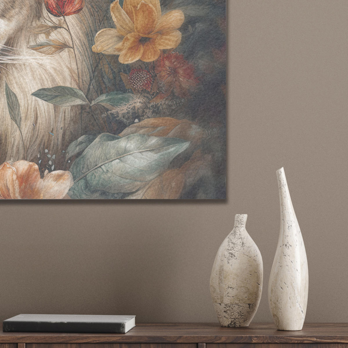 AKUSTIKBILD Löwe - Wildtiere - Pflanzen - Natur - Blumen Wanddeko 70x50 cm - Beige, Kunststoff (70/50/0.9cm) - MuchoWow