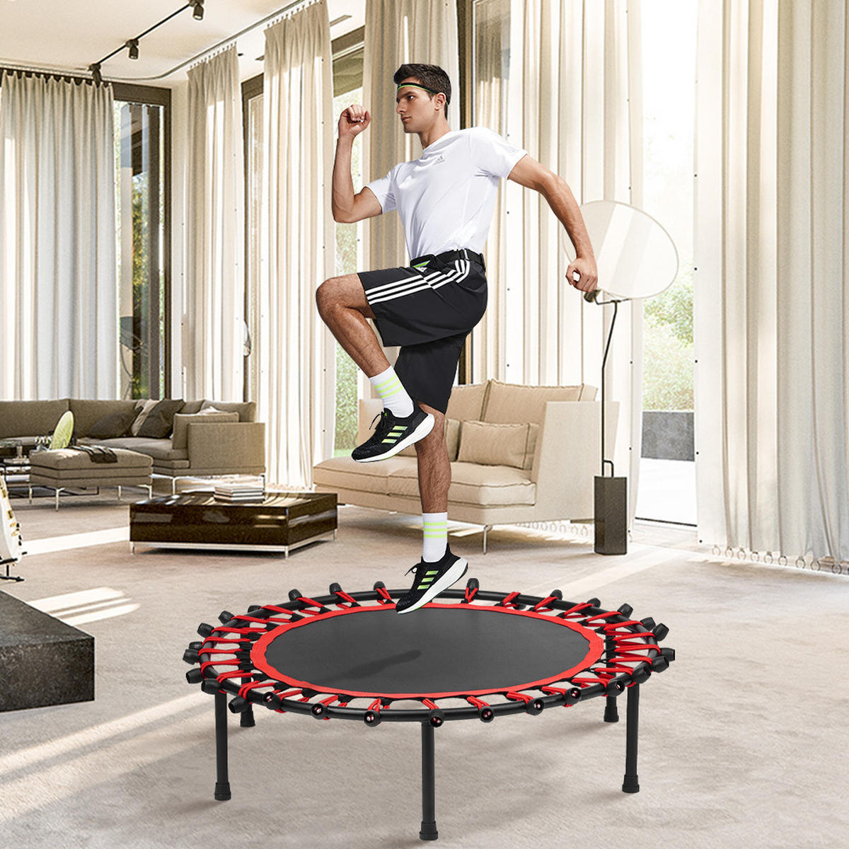 40-ZOLL-RUNDTRAMPOLIN mit Gummiseilen aus Stahl, Oxford-Gewebe, Gummiseile in Schwarz Rot Langlebig und sicher Stabil und leise 25 x 101 x 101cm - Schwarz, Metall (101/101cm) - Livingandhome