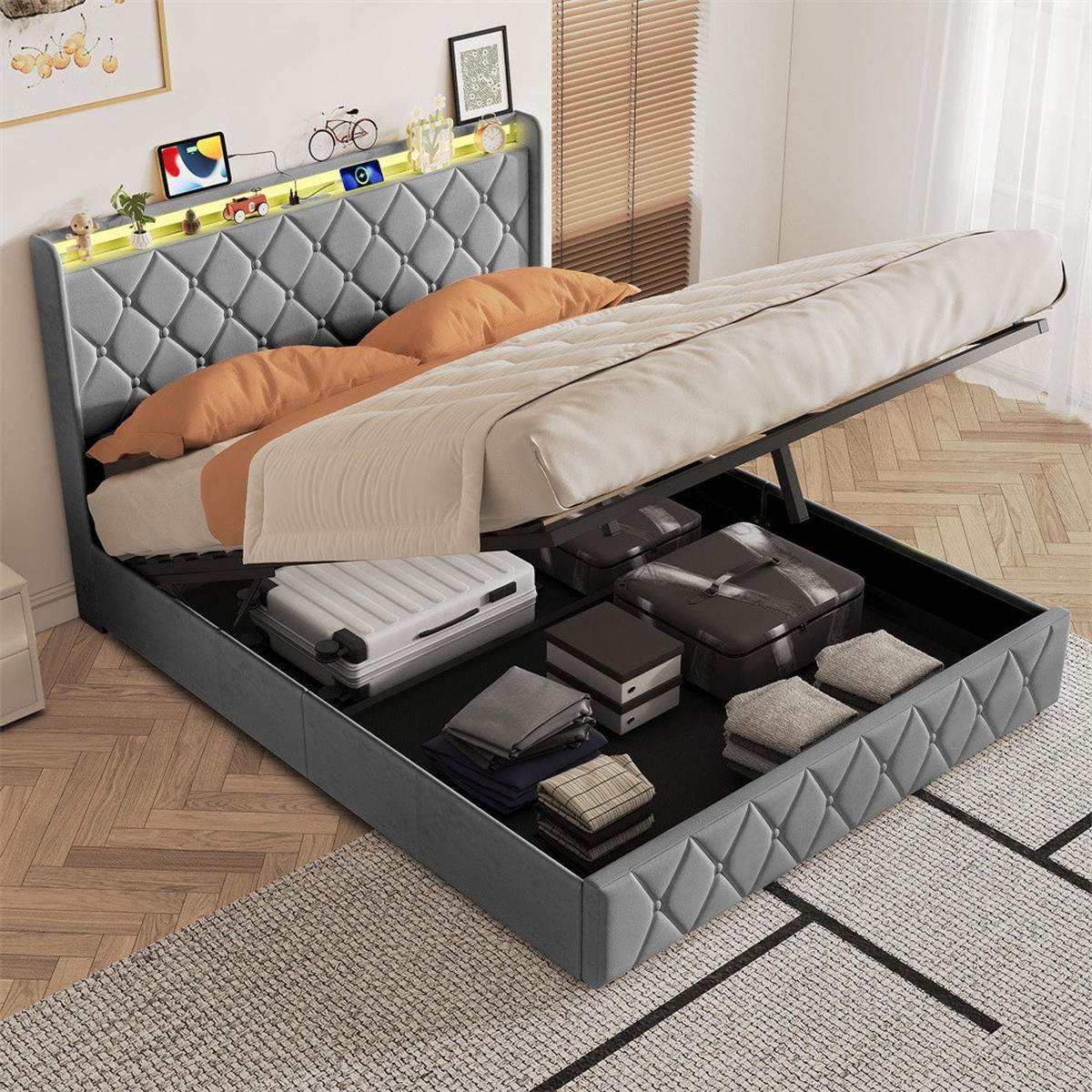 POLSTERBETT 160x200 cm mit hydraulischem Stauraum - Kopfteil Regal & LED - USB - ohne Matratze - Grau - Grau, Textil (160/200cm) - DELFA