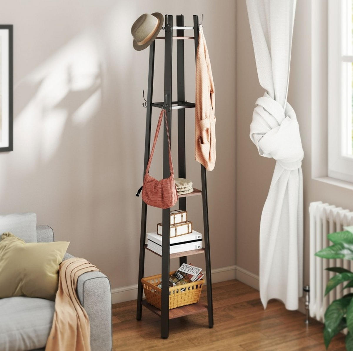 STANDGARDEROBE mit 8 Haken und 4 Ablagen, Industrial-Look, 34,8/34,8/179 cm - Braun, Holz (34.8/179/34.8cm) - BEAOK