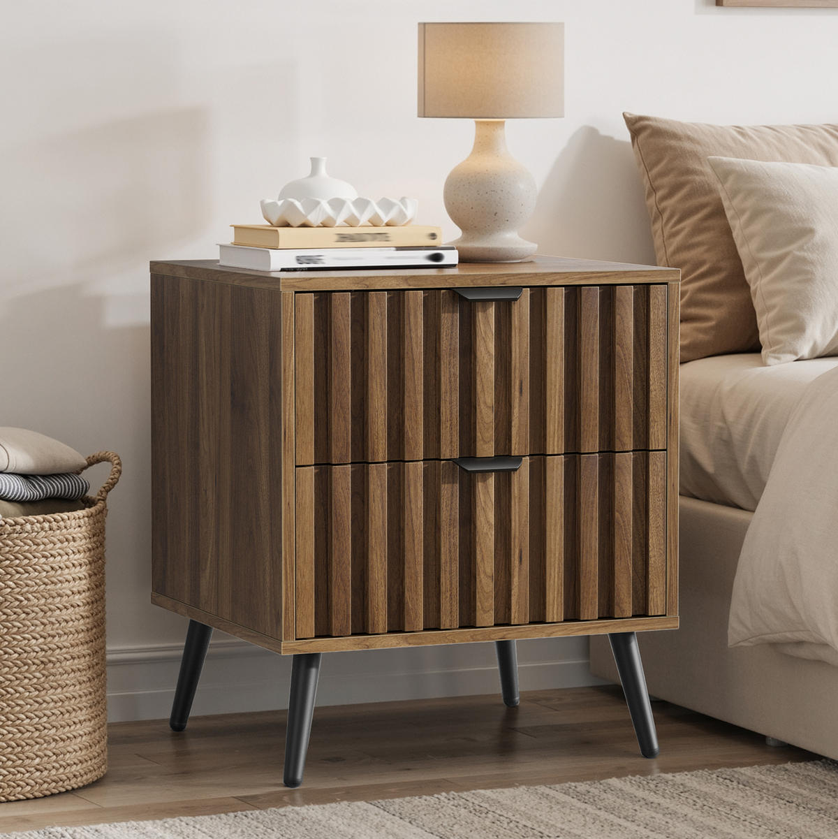 NACHTTISCH 45/40/53 cm walnussfarben aus MDF mit 2 Schubladen - Braun, Holzwerkstoff (40/53/45cm) - OKWISH