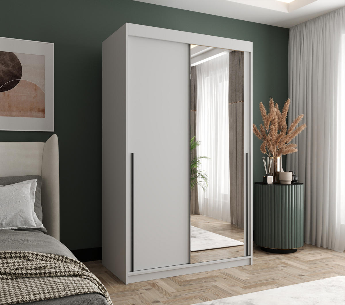 SCHIEBETÜRENSCHRANK mit Spiegel 120 cm Breite, weiß mit schwarzem Griff - Schwarz/Weiß, Holzwerkstoff (250/200/62cm) - Home Collective