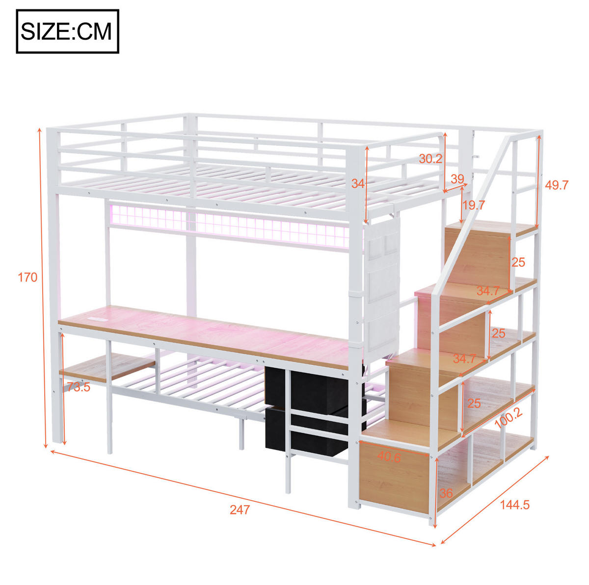 HOCHBETT 140/200 cm und 90/200 cm Weiß aus Metall und MDF mit Schreibtisch - Weiß, Metall (140/200cm) - OKMYHOME