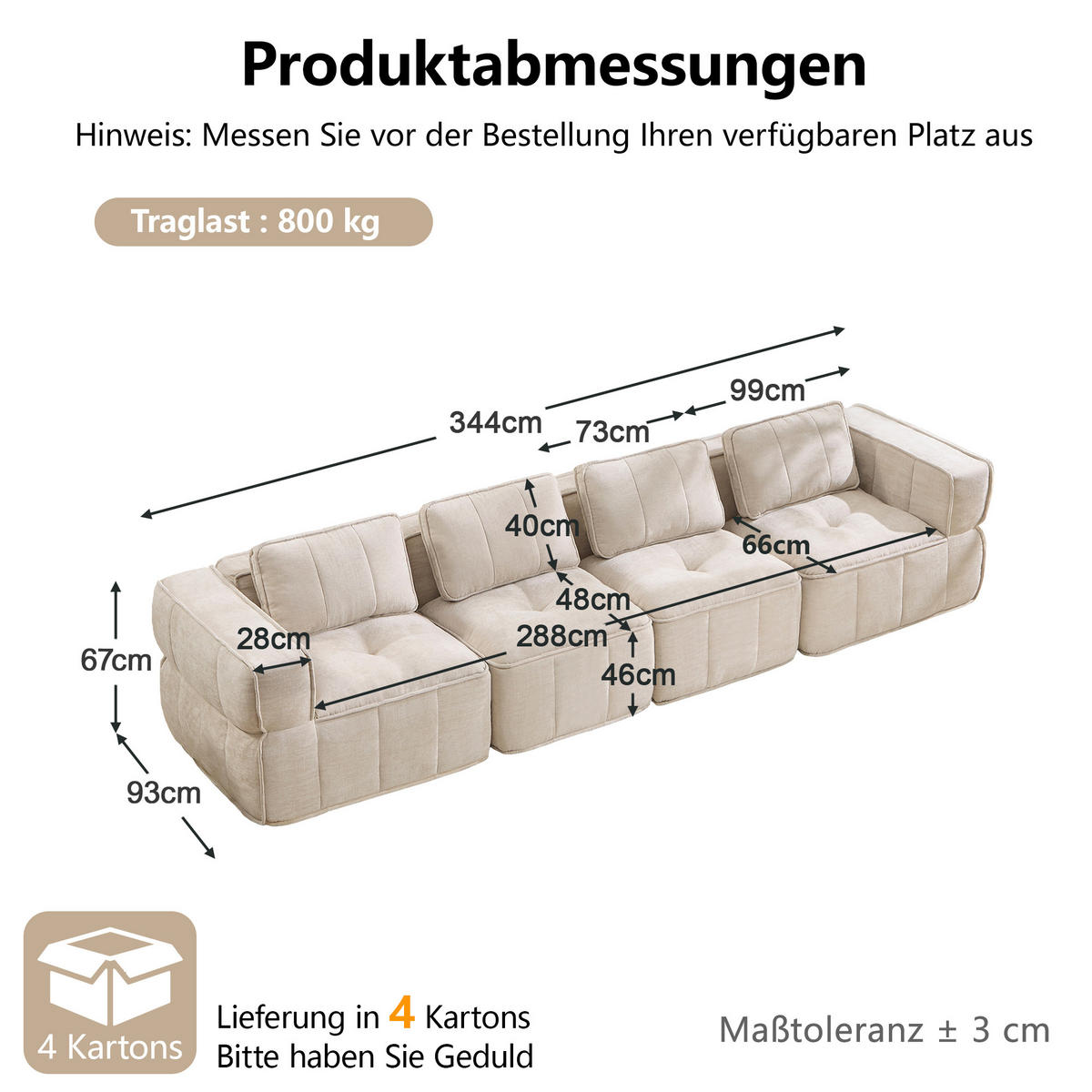 4-SITZER-SOFA DE-34428 mit stützenloses Design Beige - Beige, Textil (93/67/344cm) - ComfortXL