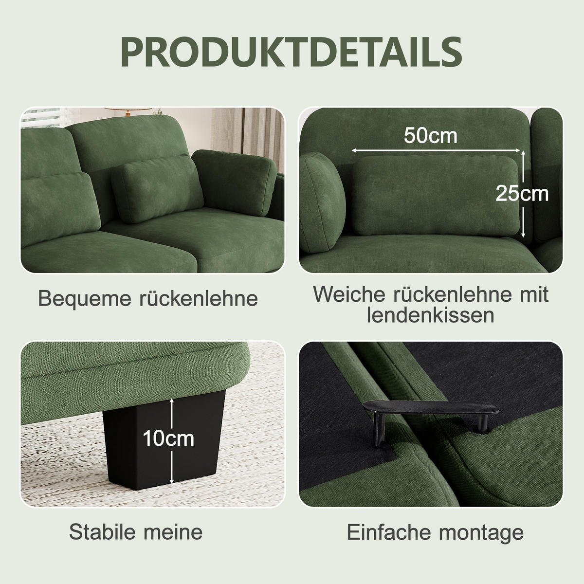 3-SITZER-SOFA Chenille mit Lenden- und Armkissen, DE-42686, Grün - Grün, Holz (253/88/88cm) - ComfortXL