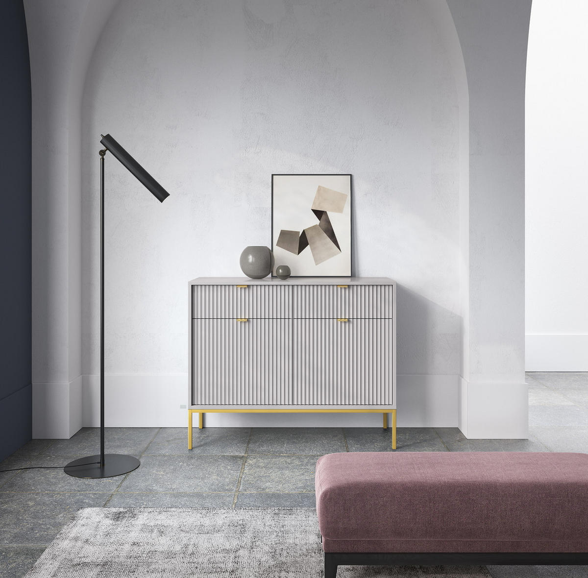 SIDEBOARD 104 cm mit Schubladen Galla, Sideboard, Grau + Gold - Goldfarben/Grau, Holz (104/83/39cm) - Emporius