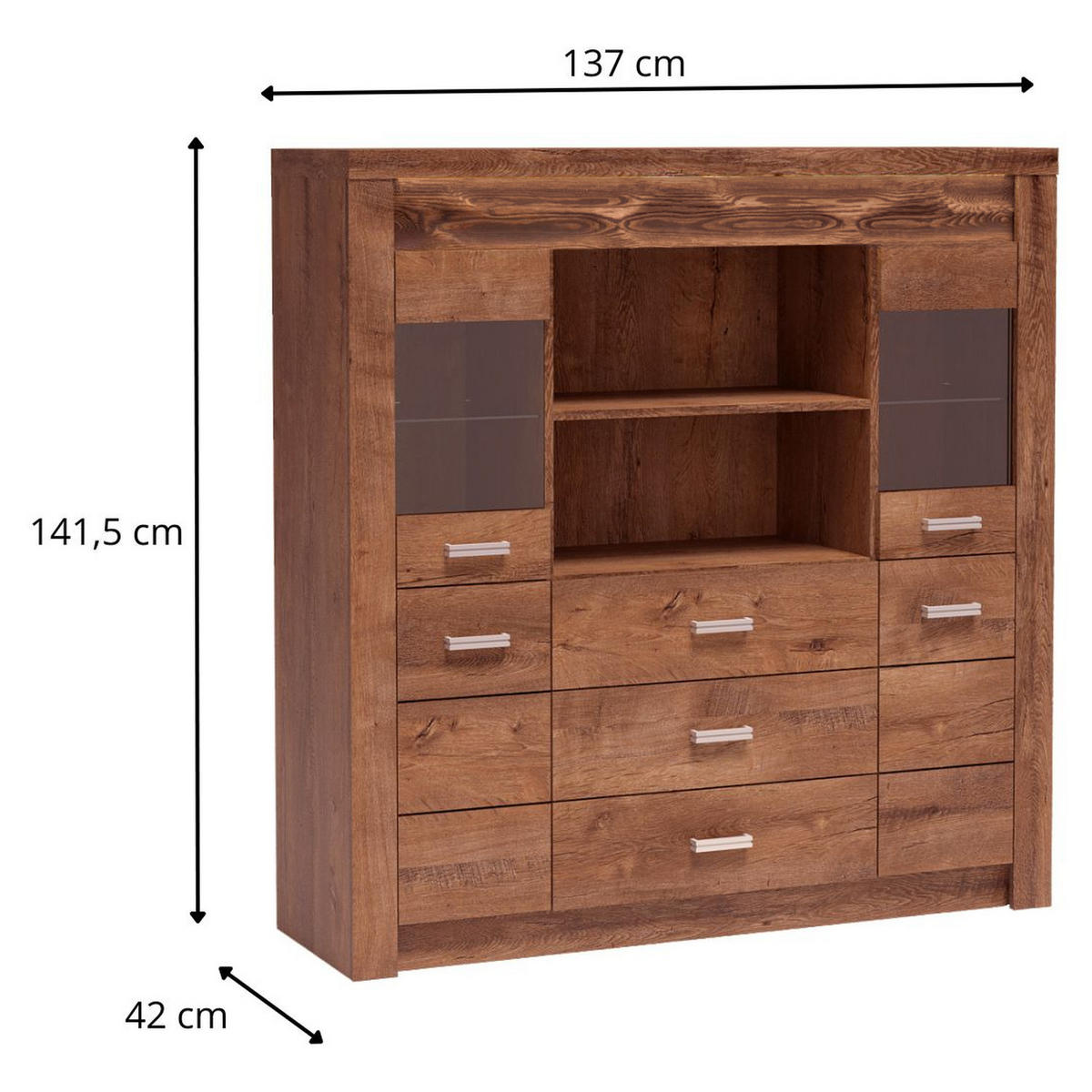 VITRINENKOMMODE Indianapolis I-22 137 x 141,5 x 42 cm Esche hell - Braun, Holzwerkstoff/Metall (137/141.5/42cm) - Koseto