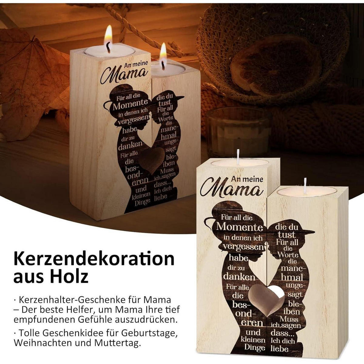 KERZENSTÄNDER Holz mit Gravur "An meine Mama" - Braun, Holz (4.5/12/9cm)