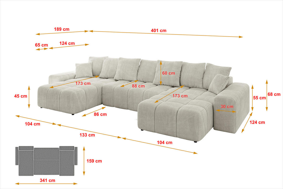 WOHNLANDSCHAFT ENIL-U 401x189x68 Hellgrau Cord - Hellgrau, Holzwerkstoff/Kunststoff (401/68/189cm) - ALTDECOR