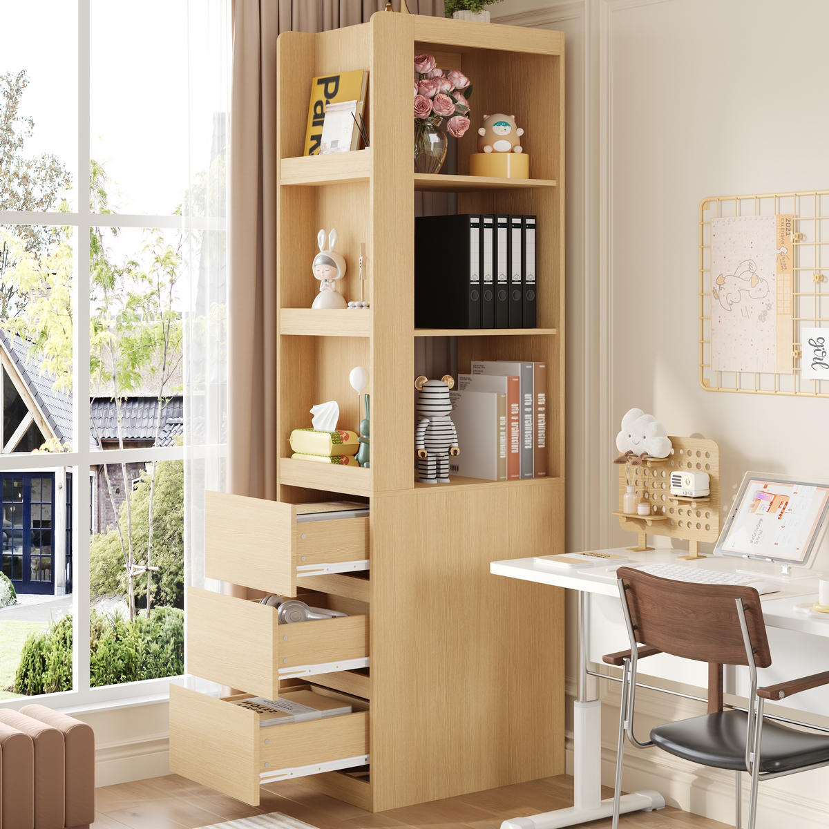 BÜCHERREGAL 60cm 200cm hoch Schubladen Anti-Kipp modern - Eichefarben, Holzwerkstoff (60/200/40cm) - FLIEKS