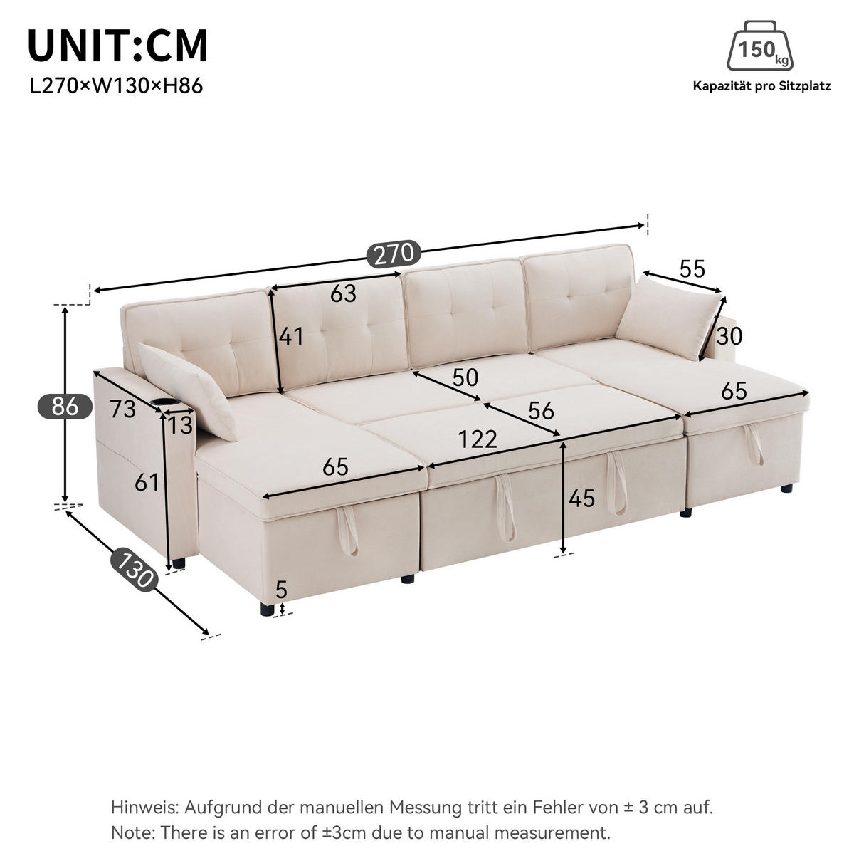 SCHLAFSOFA 270/130/86 cm in Beige – ausziehbar mit Stauraum und Getränkehaltern - Beige, Textil (130/86/270cm) - BEAOK