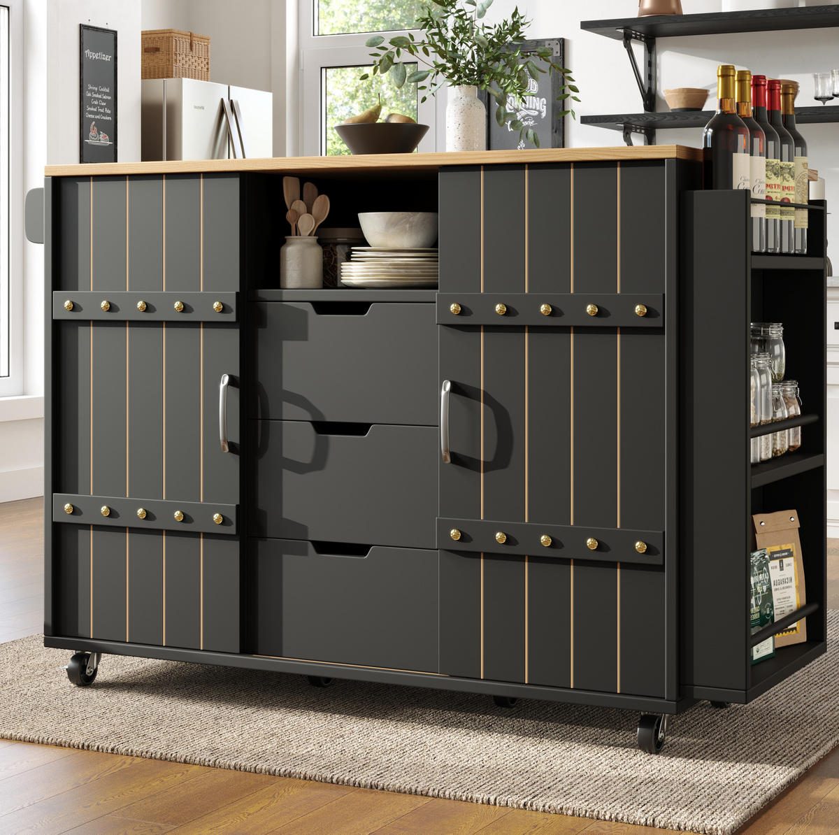 KÜCHENINSEL 110/42/90 cm schwarz mit Klapptisch mit Schiebetüren und Schubladen - Schwarz, Holzwerkstoff (110/90/42cm) - OKWISH