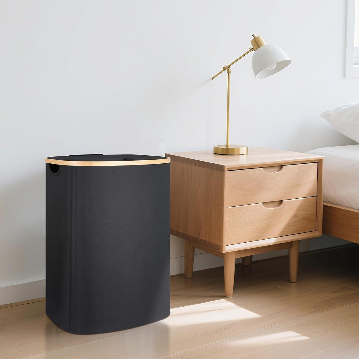 WÄSCHEKORB 80L Bambus mit Deckel Tiefschwarz - Schwarz, Naturmaterialien (33/56/44cm)