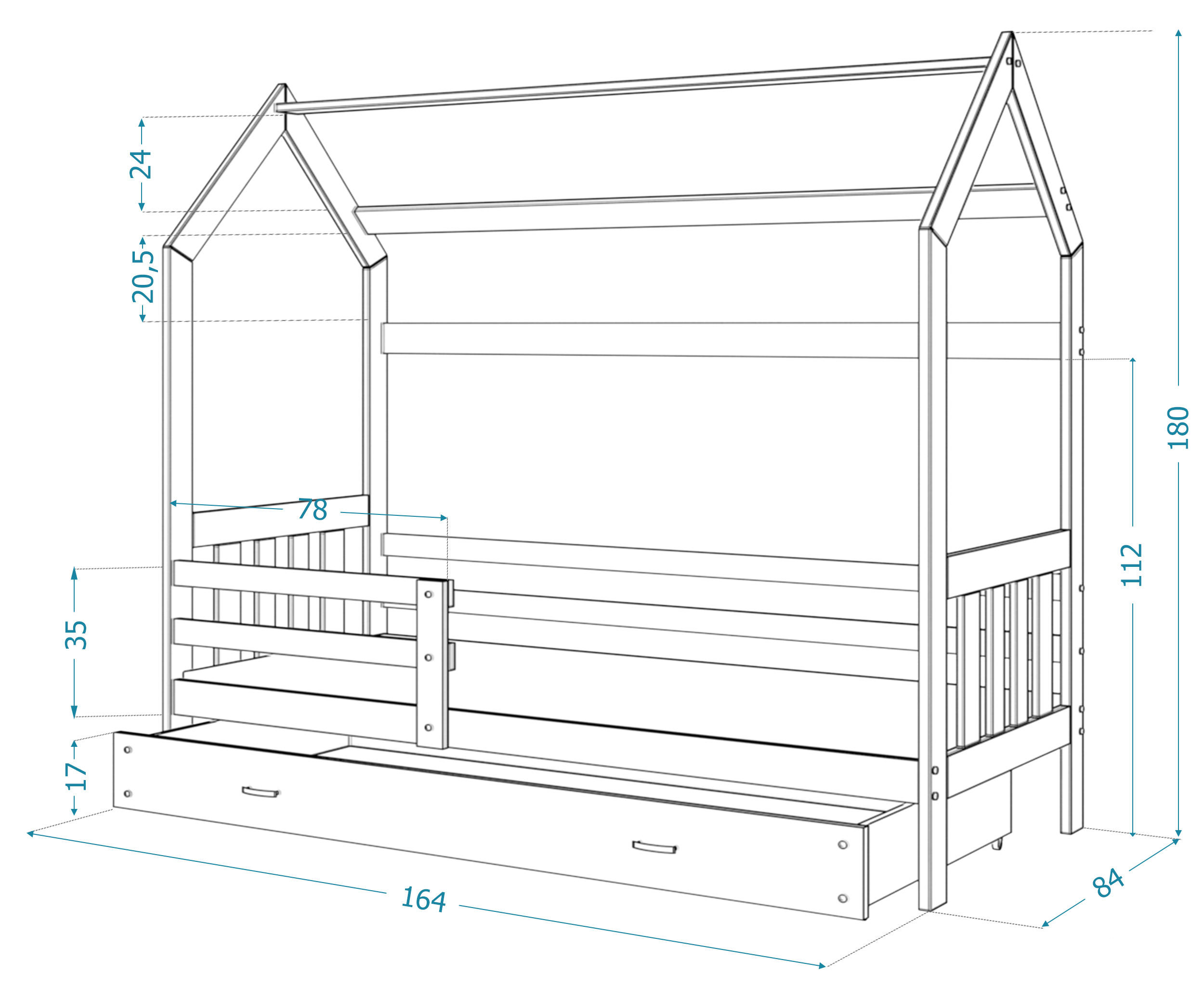 KINDERBETT ALA Hausbett 160x80cm mit Schublade und Matratze Weiß/Rosa - Rosa, Holz (80/160cm) - Luxkor24