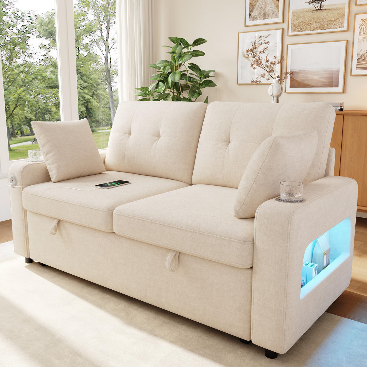 SOFA NA RAZVLAČENJE 2-sjedalo u bež boji s funkcijom spavanja, chenille - bež/crna, drvni materijal/tekstil (141.5/83.5/131cm) - CHICFURN
