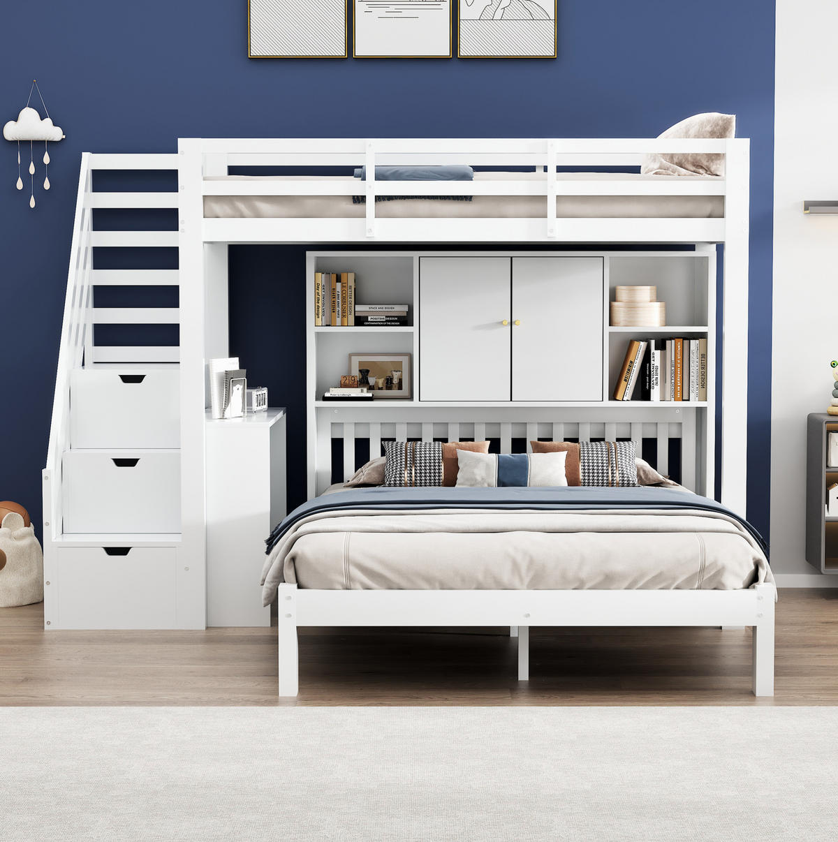 ETAGENBETT 90/200 + 140/200 cm und MDF mit Aufbewahrungstreppe, Regalen und Beistelltisch, Weiß - Weiß, Holzwerkstoff (90/200cm) - Redom