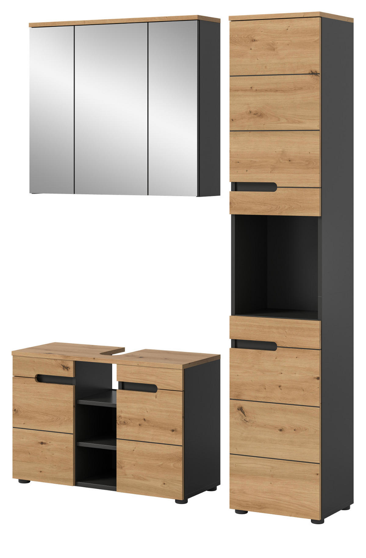 BADMÖBEL-SET Eiche, grau 3-teilig 133 cm, Komplettset mit Soft-Close - Schwarz/Eiche Artisan, Glas/Holzwerkstoff (133/193/34cm) - Inn.Furn