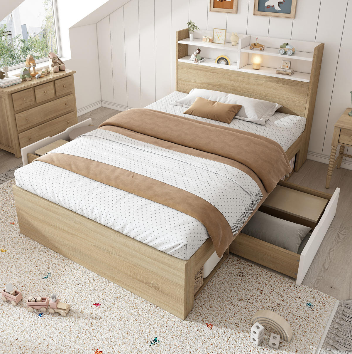 JEDNOLŮŽKO 90/200 cm bílá/dub z dřeva s úložným čelem, zásuvkami a policemi - bílá, kompozitní dřevo (90/200cm) - OKWISH