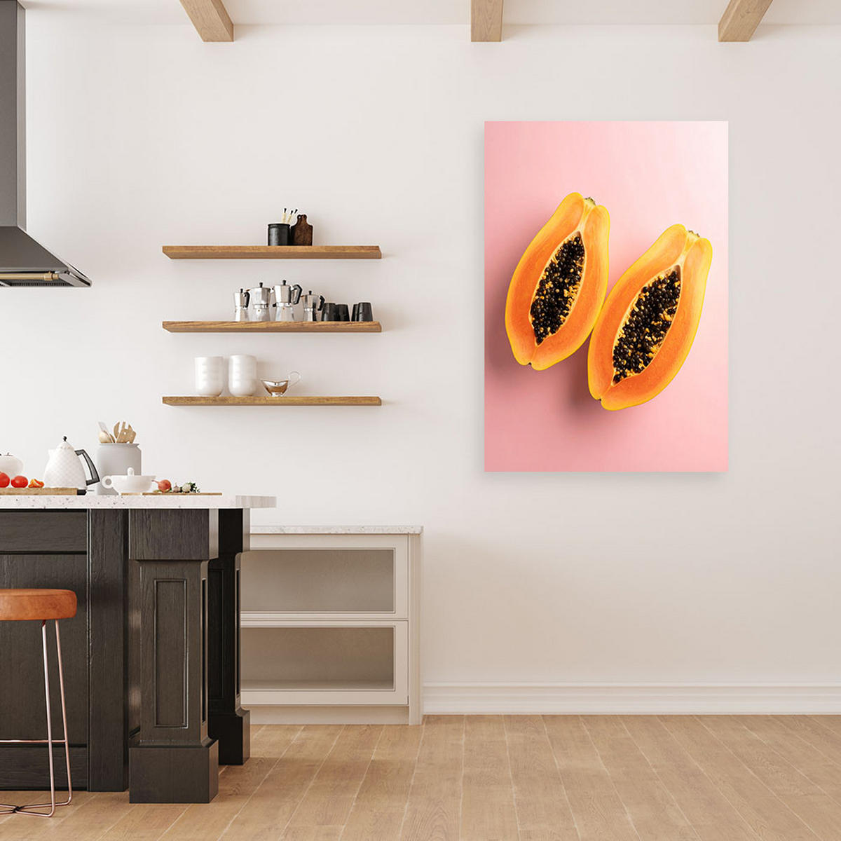 LEINWANDBILD, Eine aufgeschnittene Papaya auf pastellrosa Hintergrund - Rosa, Textil (20/30cm) - Feeby