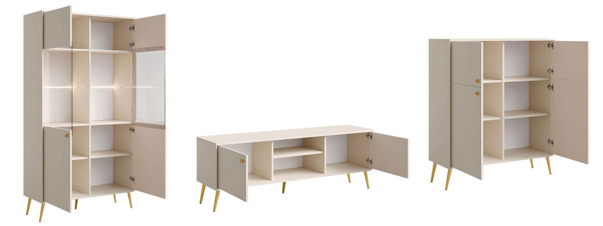 WOHNZIMMER SET 3-TEILIG Rose sandbeige 366,5 / 40,5 / 191cm - Beige/Goldfarben, Holzwerkstoff/Metall (366.5/191/40.5cm) - Feldmann-Wohnen