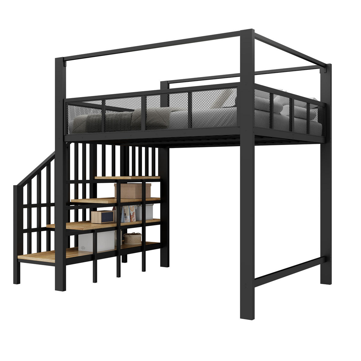 HOCHBETT Schwarz 140×200cm mit Baldachin, Stauraumtreppe und freier Arbeitsfläche unter dem Bett - Schwarz, Metall (140/200cm) - Luhomfu