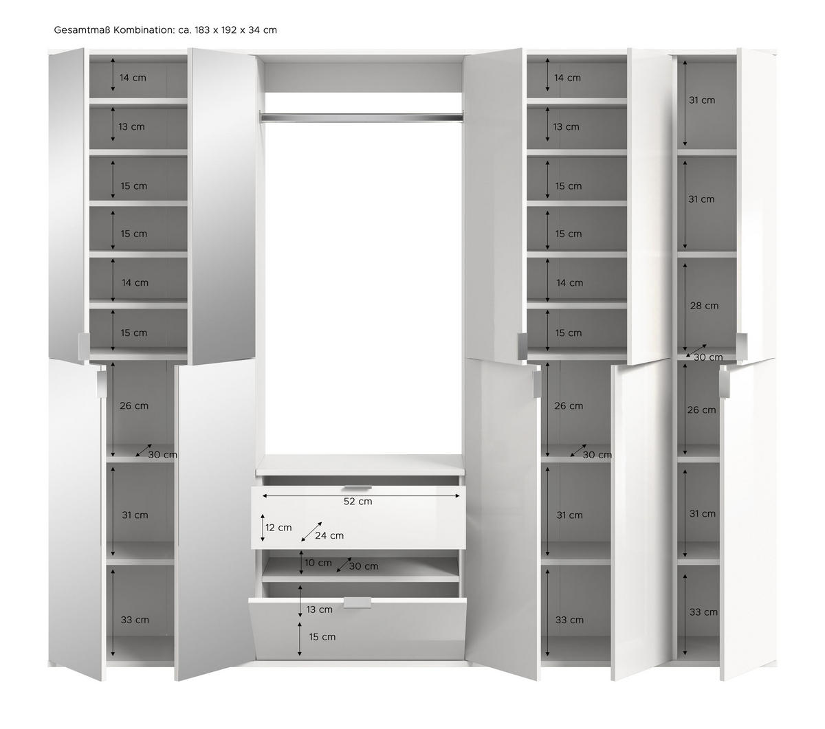 GARDEROBENKOMBINATION 4tlg. Projekt X Garderobe in weiß Nb. und weiß hochglanz B/H/T: 183x193x34 cm - Weiß, Holzwerkstoff (183/193/34cm)