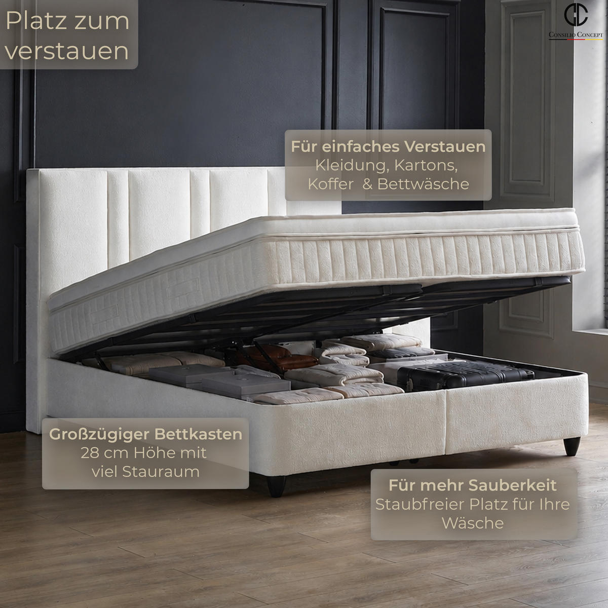 BOXSPRINGBETT MIT BETTKASTEN AURORA 140/200 cm, Beige, Bettkasten, Matratze, Topper integriert, H3 mittel - Beige/Schwarz, Holz/Kunststoff (140/200cm) - Consilio Concept