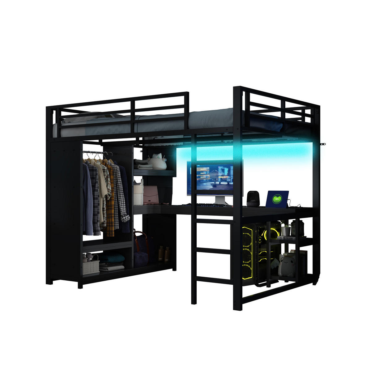 HOCHBETT aus Metall 140x200 cm Schwarz mit LED, Schreibtisch, offenem Kleiderschrank und Ablagefächern - Schwarz, Metall (90/200cm) - Modfu