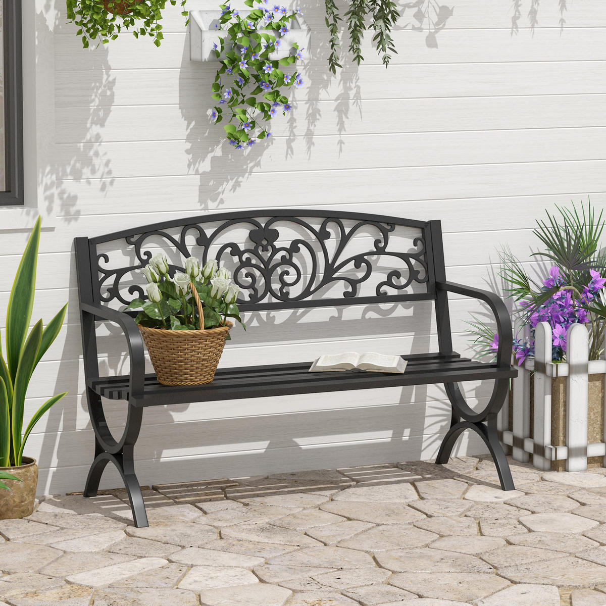 GARTENBANK,2-SITZER Eisen Blumenmuster,schwarz - Schwarz, Metall (127/85/60cm) - Vallsero