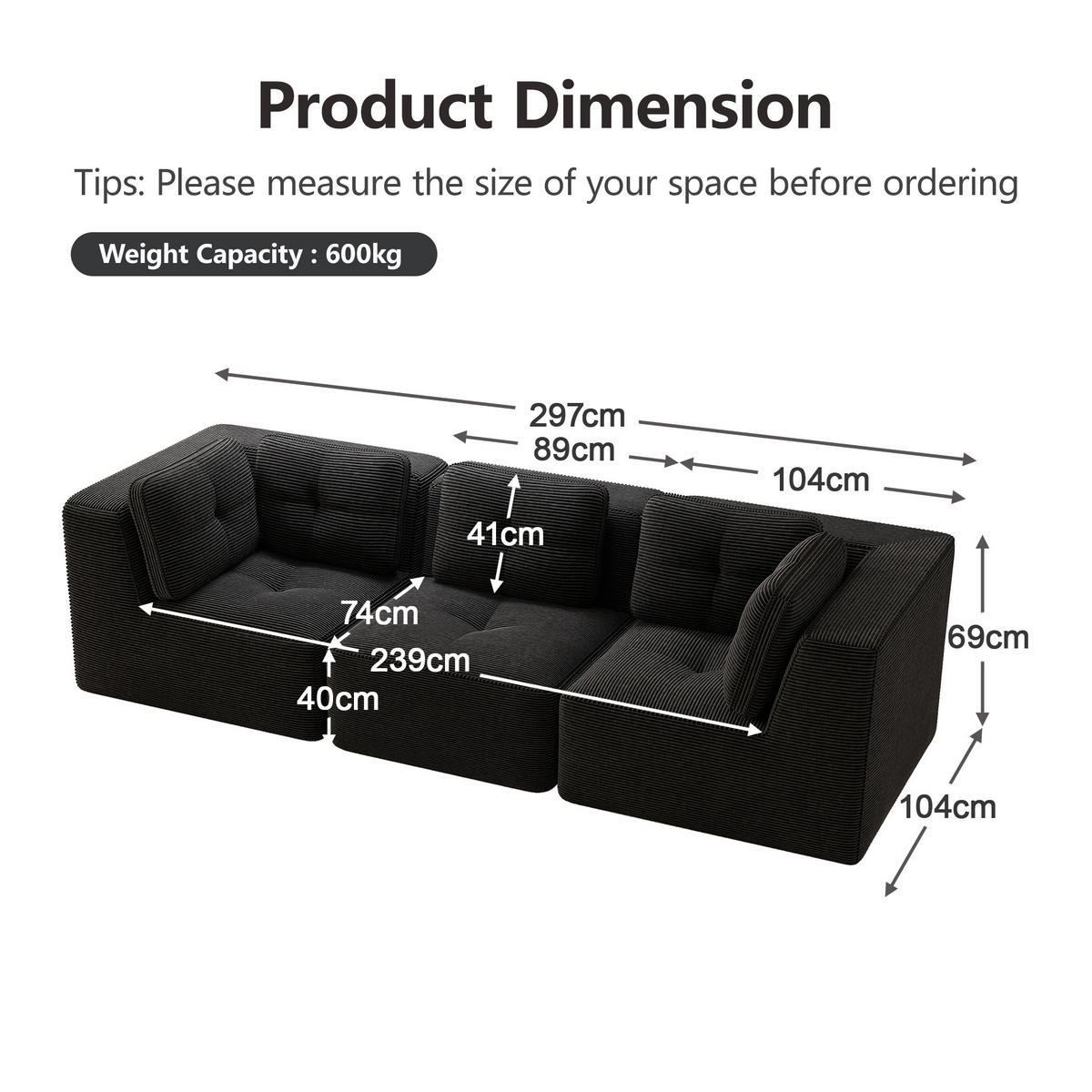 ECKSOFA 297/104/69 cm schwarz aus Cord mit modularem Design und ohne Montage - Schwarz, Textil (104/297cm) - OKWISH