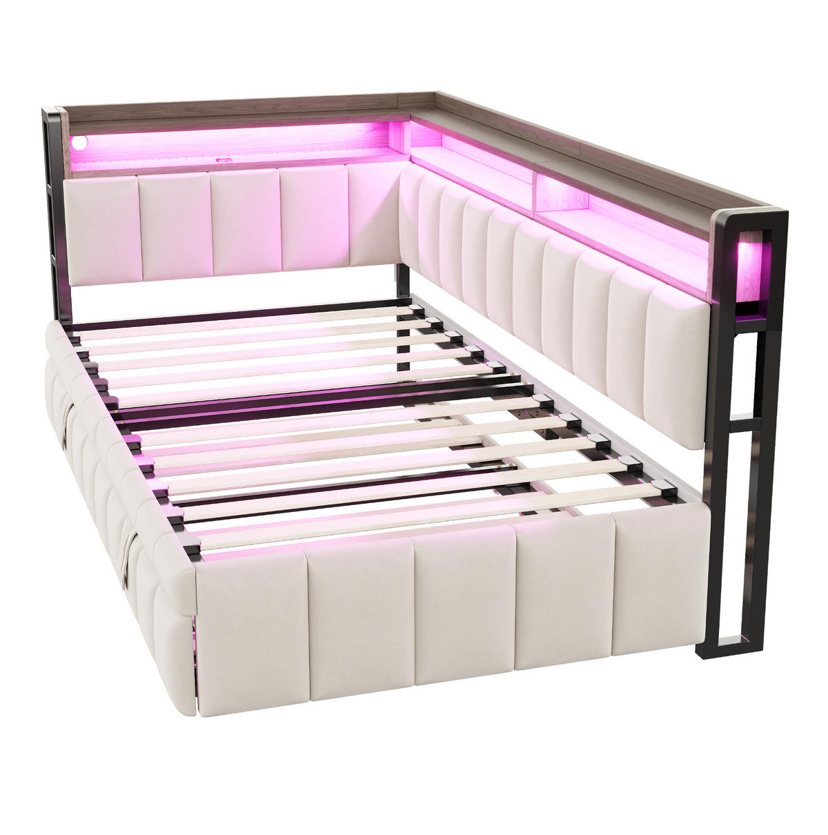 BETT 90/200 cm Beige mit Ausziehbett und LED-Beleuchtung - Beige, Textil (90/200cm) - Flora Grace