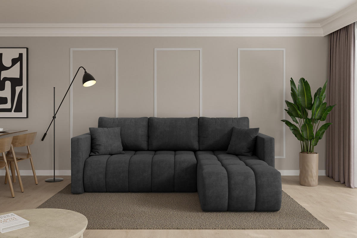 ROHOVÁ SEDAČKA s funkcí spaní, otoman vpravo GARD-L 226x146x85 tmavě šedá velur - černá/antracitová, kompozitní dřevo/textil (226/146cm) - ALTDECOR
