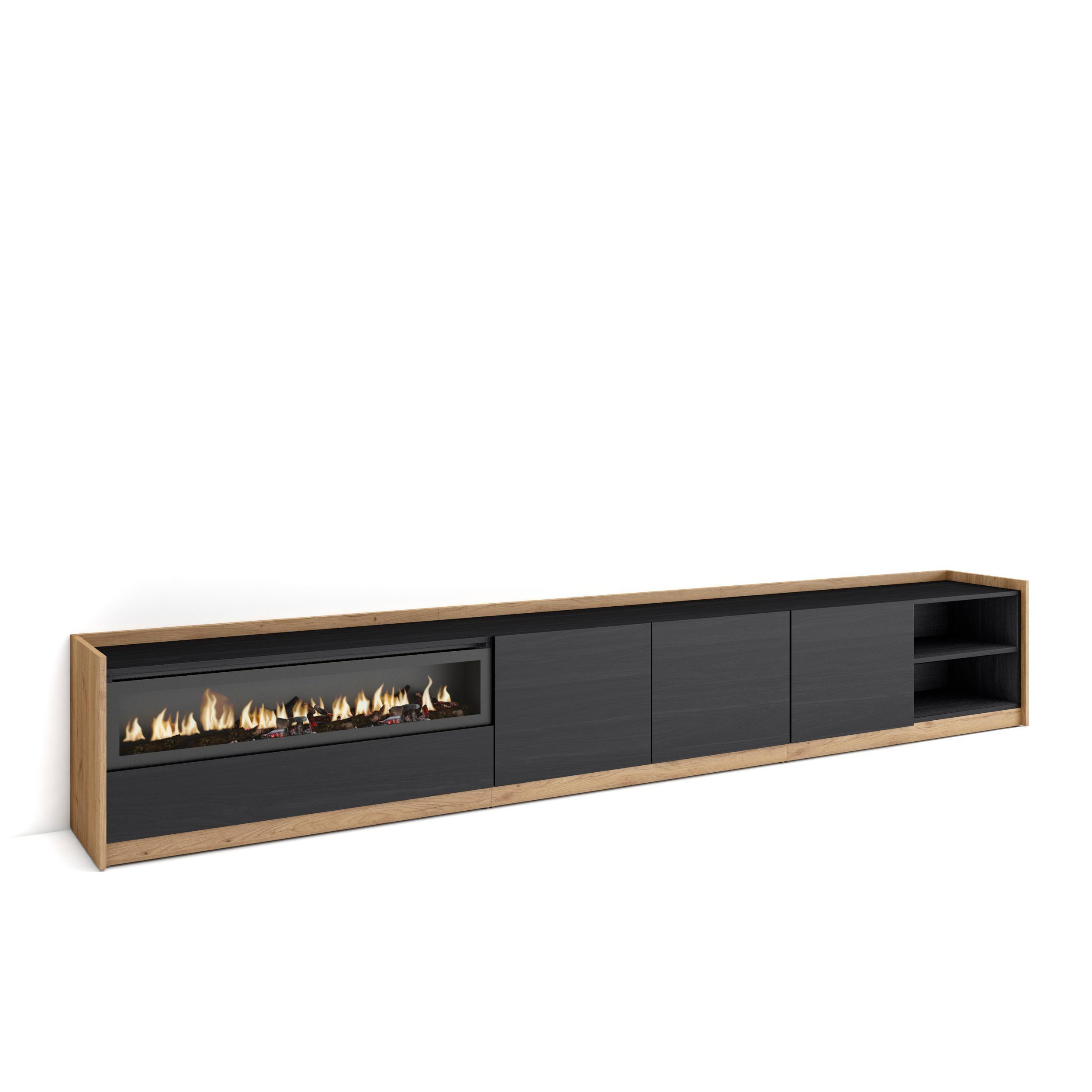 TV-SCHRANK, Lowboard, Schwarz Eiche, Elektrokamin, 310/37/50cm - Schwarz, Holzwerkstoff (310/50/37cm) - Skraut Home