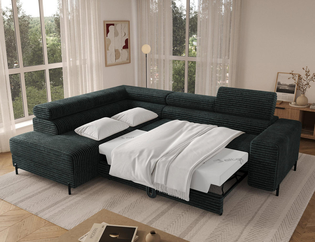 ECKSOFA COLESIO L-Form, Schlaffunktion, Bettkasten, verstellbare Kopfstützen, Wellenfederung, Metallfüße, breiter Cordstoff - Dunkelgrün/Schwarz, Kunststoff/Metall (269/204cm) - Wohnideebilder