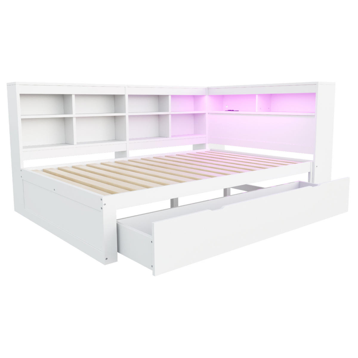 BETT 140x200 cm Weiß mit USB-Steckdose, LED-Beleuchtung und viel Stauraum - Weiß, Holzwerkstoff (140/200cm) - Modfu