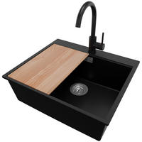 GRANITSPÜLE Oslo, 2-er set Schwarz 58/50 cm 1 Becken + Küchenarmatur 32/20 cm + Ablauf-Set + Schneidebrett ab 60er Unterschrank - Chromfarben/Beige, Kunststoff (58/20/50cm) - Primagran