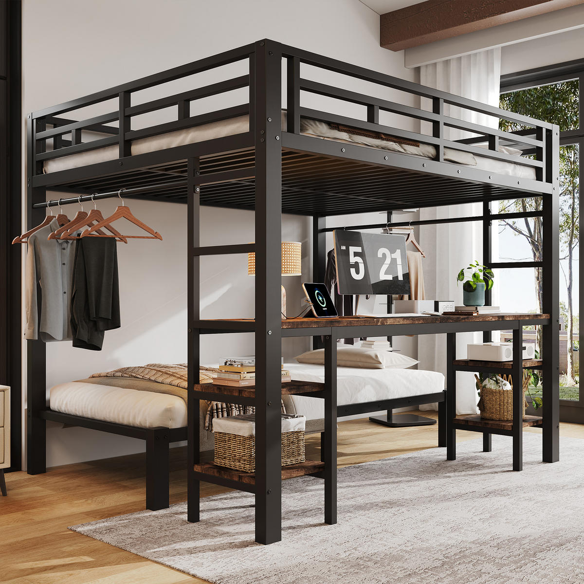ETAGENBETT 140/90/200 cm mit Schreibtisch, DE-41769, in Schwarz - Schwarz, Metall (140/200cm) - ComfortXL