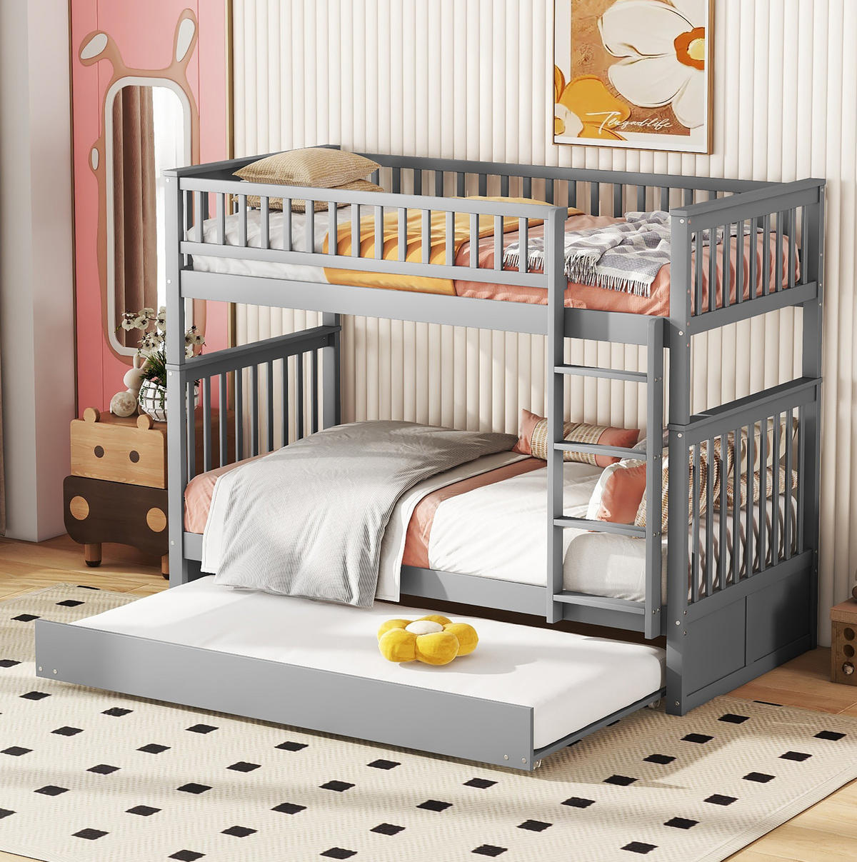 ETAGENBETT 90/200 cm Grau mit Ausziehbett Kiefernholz - Grau, Holz (90/200cm) - MIVRAY