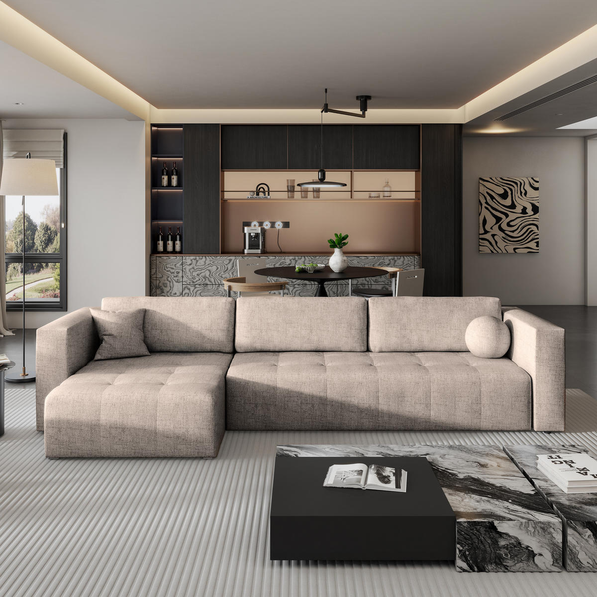 ECKSOFA OLVERA Beige Geflochtener Stoff mit Schlaffunktion - Beige, Holz (347/148cm) - MASSENO