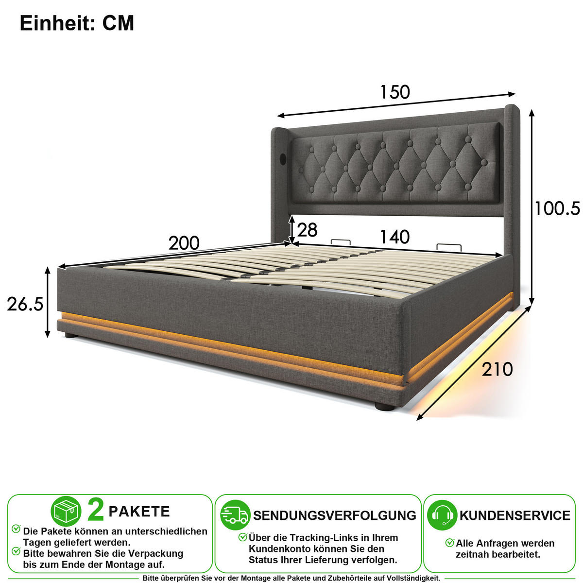 ČALOUNĚNÁ POSTEL 140/200 cm v šedé barvě s úložným prostorem, LED osvětlením, USB a Type-C - šedá, kov/kompozitní dřevo (140/200cm) - CHICFURN