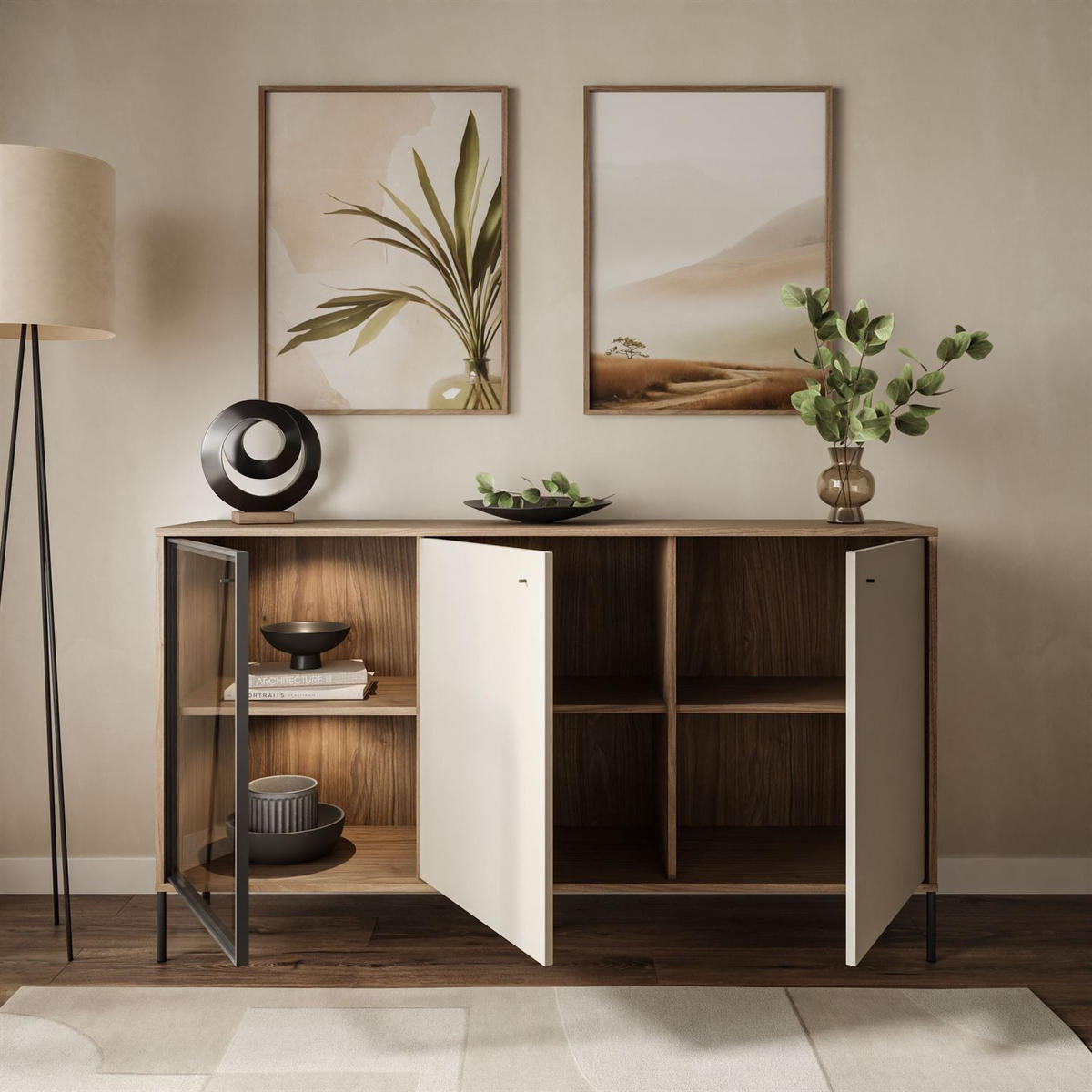 KOMMODE ISA 3D, dreitürig mit LED-Beleuchtung auf hohen Beinen. - Eichefarben, Holzwerkstoff (151/85/40cm) - Lookway