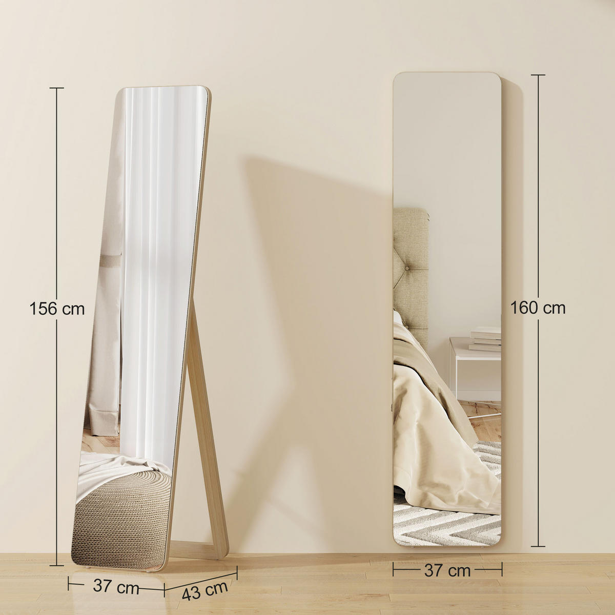 STANDSPIEGEL DE-17945 rechteckig mit Massivholzrahmen Natur - Naturfarben, Holzwerkstoff (37/156/43cm) - ComfortXL