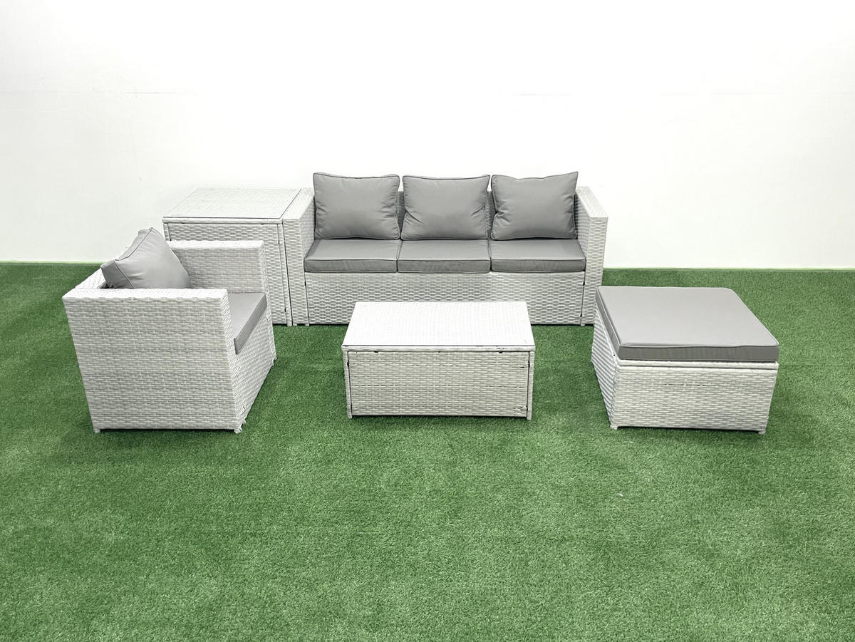 GARTENSET mit 3-SITZER SOFA,COUCHTISCH Polyrattan Hellgrau-Mix 5-Sitzer - Hellgrau/Grau, Glas/Kunststoff - Fimous