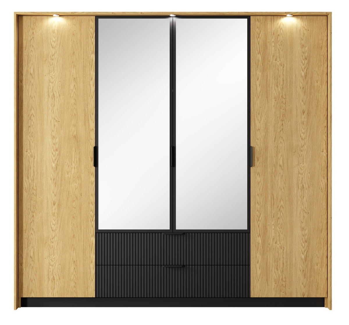 KLEIDERSCHRANK 225 cm mit Spiegel und LED Belano, 4 Türen, Eiche Baltic - Eichefarben, Holz (223/210/59cm) - Emporius