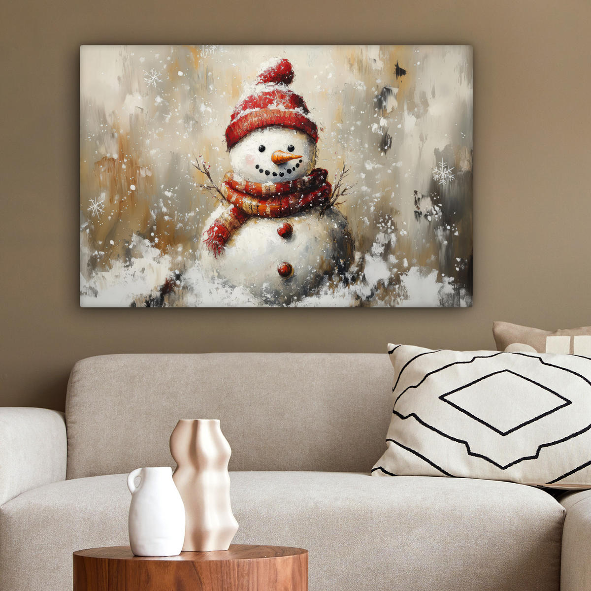 LEINWANDBILD Schneemann - Winter - Schnee - Beige Wanddeko 90x60 cm - Weiß, Textil (90/60cm) - MuchoWow