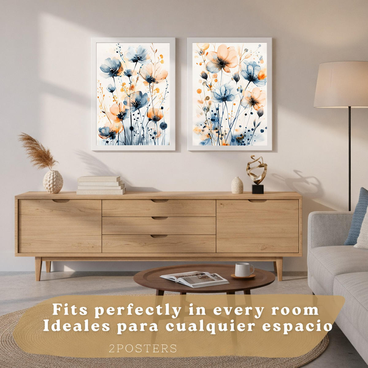 PLAKAT Sada 2 Modro-oranžový květ A4 bez rámu - čirá, papír (29.7/1/21cm) - Nacnic